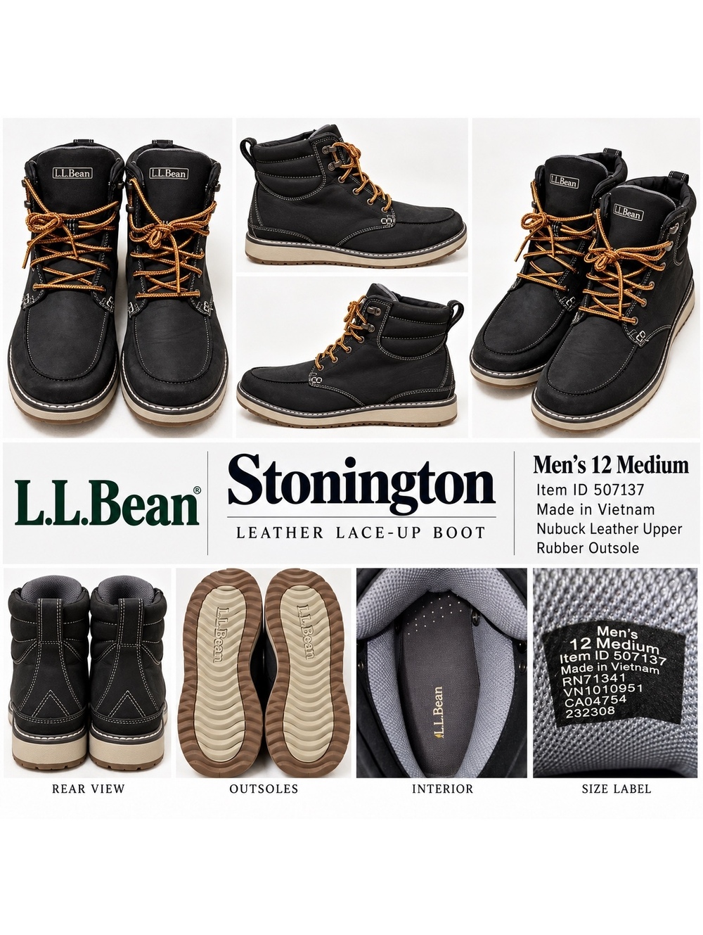 L.L.Bean Stonington Boots Men's 12M Black Leather